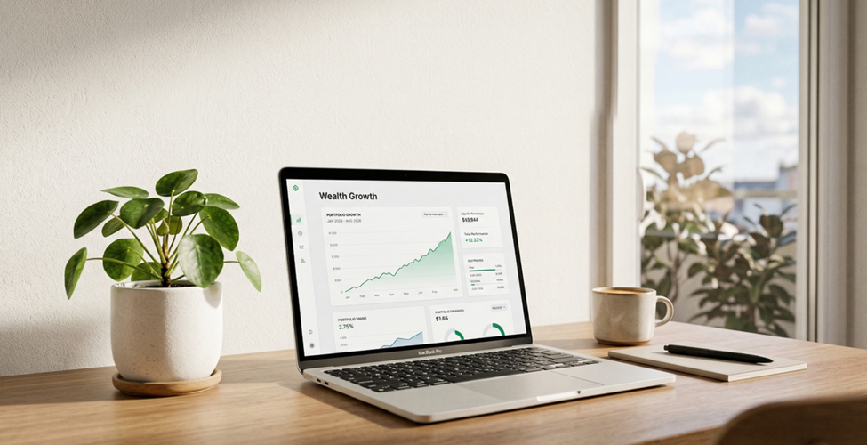 Minimalist workspace representing long-term investment goals and portfolio growth.