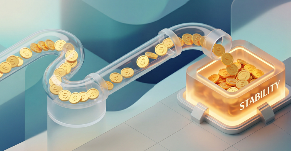 3D graphic representing steady liquid capital flowing into a business stability reserve