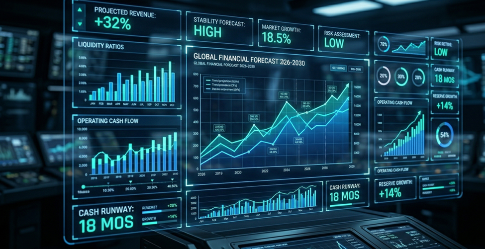 Digital dashboard displaying real-time financial forecasting and cash flow projections for 2026
