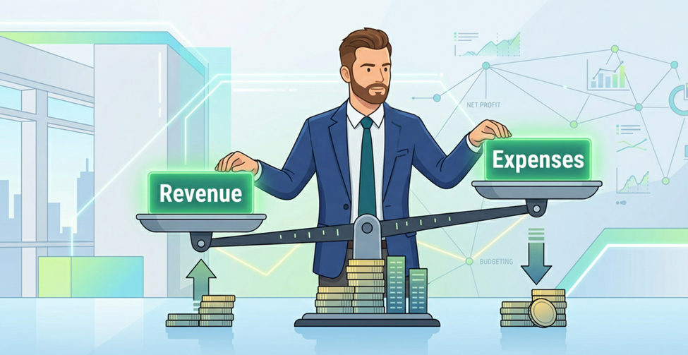 Balanced scale illustration showing the equilibrium between business revenue and operational expenses