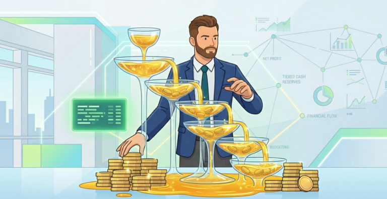 Conceptual 3D render of a tiered financial reserve system for business liquidity